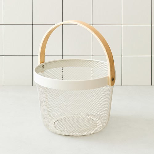 오늘좋은 우드 핸들 메탈 바스켓 (원형,크림) (25*25*18CM)