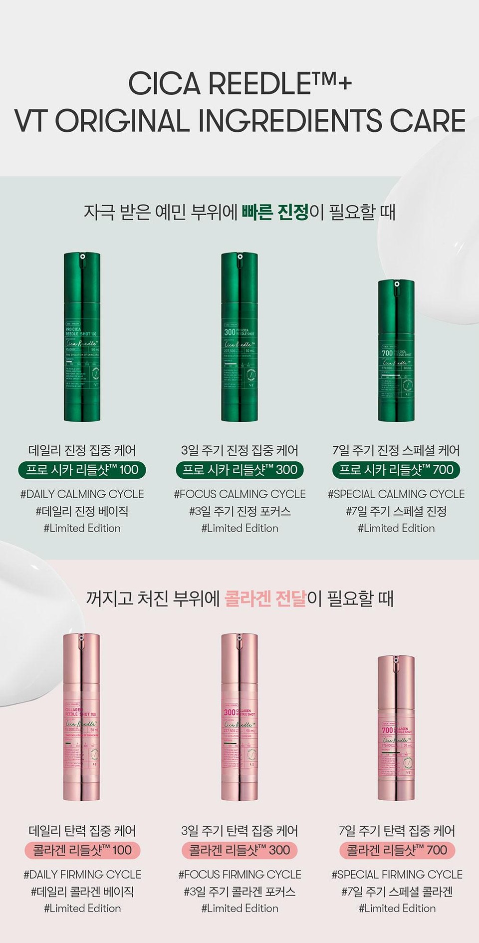 CICA REEDLETM+VT ORIGINAL INGREDIENTS CARE자극 받은 예민 부위에 빠른 진정이 필요할 때PRO CICAREEDLE SHOT 100Cica Reedle5.000 50300LE SHOTCica Redle237,500 50 mLAT데일리 진정 집중 케어프로시카 리들샷™ 100#DAILY CALMING CYCLE#데일리 진정 베이직#Limited Edition3일 주기 진정 집중 케어프로시카 리들샷™ 300#FOCUS CALMING CYCLE#3일 주기 진정 포커스#Limited Edition700HOTCuak edle570.000 30 m7일 주기 진정 스페셜 케어프로시카 리들샷™ 700#SPECIAL CALMING CYCLE#7일 주기 스페셜 진정#Limited Edition꺼지고 처진 부위에 콜라겐 전달이 필요할 때COLLAGEBEEDLE SHOT 100300 LAGENlica Reedle500050mlCica Redle237,500 50ml700% 냉열매CheadleM데일리 탄력 집중 케어콜라겐 리들샷™ 100#DAILY FIRMING CYCLE#데일리콜라겐 베이직#Limited Edition3일 주기 탄력 집중 케어콜라겐 리들샷™ 300#FOCUS FIRMING CYCLE#3일 주기 콜라겐 포커스#Limited Edition7일 주기 탄력 집중 케어콜라겐 리들샷™ 700#SPECIAL FIRMING CYCLE#7일 주기 스페셜 콜라겐#Limited Edition