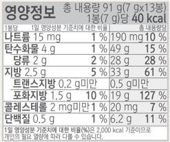 Nutrition Information Total Contents 91g (7g x 13 packs) Per 1 pack (7g) 40 kcal Percentage of Daily Value Per Pack Total Contents Sodium 15 mg 1% 190 mg 10% Carbohydrate 4g 1% 49g 15% Sugars 2g Fat 2.5g 2% 28g 28% 5% 33g 61% Trans Fat Less than 0.2g Less than 0.5g Saturated Fat 1.5g 10% 19g 127% Cholesterol Less than 2 mg 1% 20 mg Protein 0.5g 7% 1% 6.2g 11% The percentage of the Daily Value (%) is based on a 2,000kcal diet, so it may vary depending on individual caloric needs.