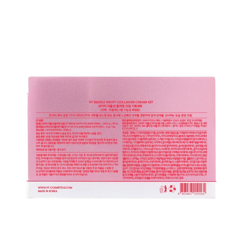 VT REEDLE SHOT COLLAGEN CREAM SET VT Rhythm Shot Collagen Cream Planning Set [Whitening and Wrinkle Improvement Dual Functional Cosmetics] VT's unique ingredient CICA REEDLE boosts the skin while tightly wrapping loose skin to provide elasticity Moisturizing and nourishing cream Components [Main Product] VT 100IV TREEDLE SHOT COLLAGEN CREAM_160az/50mL Shot Collagen Cream 100 cOLAGBN LEEDLE SHOT OHL2mL New Efficacy Ingredient: Niacinamide Efficacy Helps whiten skin. Helps improve wrinkles on the skin Dosage and Administration Take an appropriate amount of the product and spread evenly on the skin. How to Use: [Main Product] Take an appropriate amount of the contents and gently spread on the face and allow to absorb sufficiently. [Genuine] After cleansing, apply a small amount and massage gently. Manufacturing number and expiration date are indicated separately. Precautions for use 1) If you experience any abnormal symptoms or side effects such as redness, swelling, or itchiness on the area of ​​use due to direct sunlight when using or after using cosmetics, consult a specialist. 2) Do not use on wounded areas. 3) Precautions for handling) Keep out of reach of children. b) Store out of direct sunlight. 4. If you have allergic skin or other skin troubles, perform a photo test on a local area before using this product. ※ VT 100 Collagen Rhythm Stick Pouch Precautions: This is a disposable product, so use it immediately after opening. This product is not food, but cosmetics, so do not eat it. Cosmetics seller VT Cosmetics / 23, Samseong-ro 7-gil, Gangnam-gu, Seoul (Daechi-dong) Cosmetics manufacturer VT Rhythm Shot Hydration Cream Hanakos/Gangwon-do, Hoengseong-gun, Dunnae-myeon, Songdo-iteo 100 Collagen Little Shot E&C/Gyeonggi-do, Yongin-si, Ingu, Idong-eup, Seongsan-dan 2-ro 50beongil 21 All ingredients: purified water, dipropylene glycol, caprylic/capric triglyceride dry, niacinamide, hydrogenated poly (C6-14 olefin, hydrogenated oleic acid cyclopentasiloxane 12, Sanda Arumbis-diglyceryl liacyladipate 2 dimethicone, cyclosaccharin, glyceryl stearate SE, cetearyl olivate C26 yl hydrogenated polyisobutylene tert-butyl succinate, glyceryl stearate, trehalose isononyl isononanoate pistearate, glycosyl trehyllose, Hydroxyethyl acrylate/sodium acryloyl dimer diptaurate copolymer, hydrogenated lecithin, hydrogenated starch, hydrolysate, microcrystalline spandex, glycerin, butylene glycol, blowsinosynthonite 60, isostearate, polyquaternium-sopaate, indigo plant extract, sodium plyacrylate, ivy root extract, hydrolyzed corn starch, indigo plant extract, coral extract, turmeric extract, lycopene collagen, sodium hyaluronate, propolis extract, snail mucus filtrate, aloe vera flower extract, centella asiatica extract, yeast dextrin, asiaticoside, acetic acid peptide-8, misoside, fragrance WWW.VT-COSMETICS.COMMADE IN KOREA8803463 010164