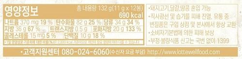 Nutritional Information Total Net Weight 132 g (11g x 12 packets) 690 kcal Sodium 370 mg 19% Carbohydrates 82 g 25% Sugars 34 g 34% Pork May contain eggs or peanuts - Avoid direct sunlight and moisture during display and distribution. • Any spoiled products should always be exchanged at the store of purchase or at the head office. Fat 36 g 67% Compensation for damages under the Consumer Protection Act Trans Fat 0.5 g Saturated Fat 20 g 133% Cholesterol 15 mg 5% Protein 10 g 18% - The percentage of the daily nutritional reference intake is based on a 2000 kcal diet and may vary depending on the contact. • Report fraudulent or substandard food by calling 1399 (no area code required) or Customer Support Center 080-024-6060 (toll-free). http://www.lottewellfood.com