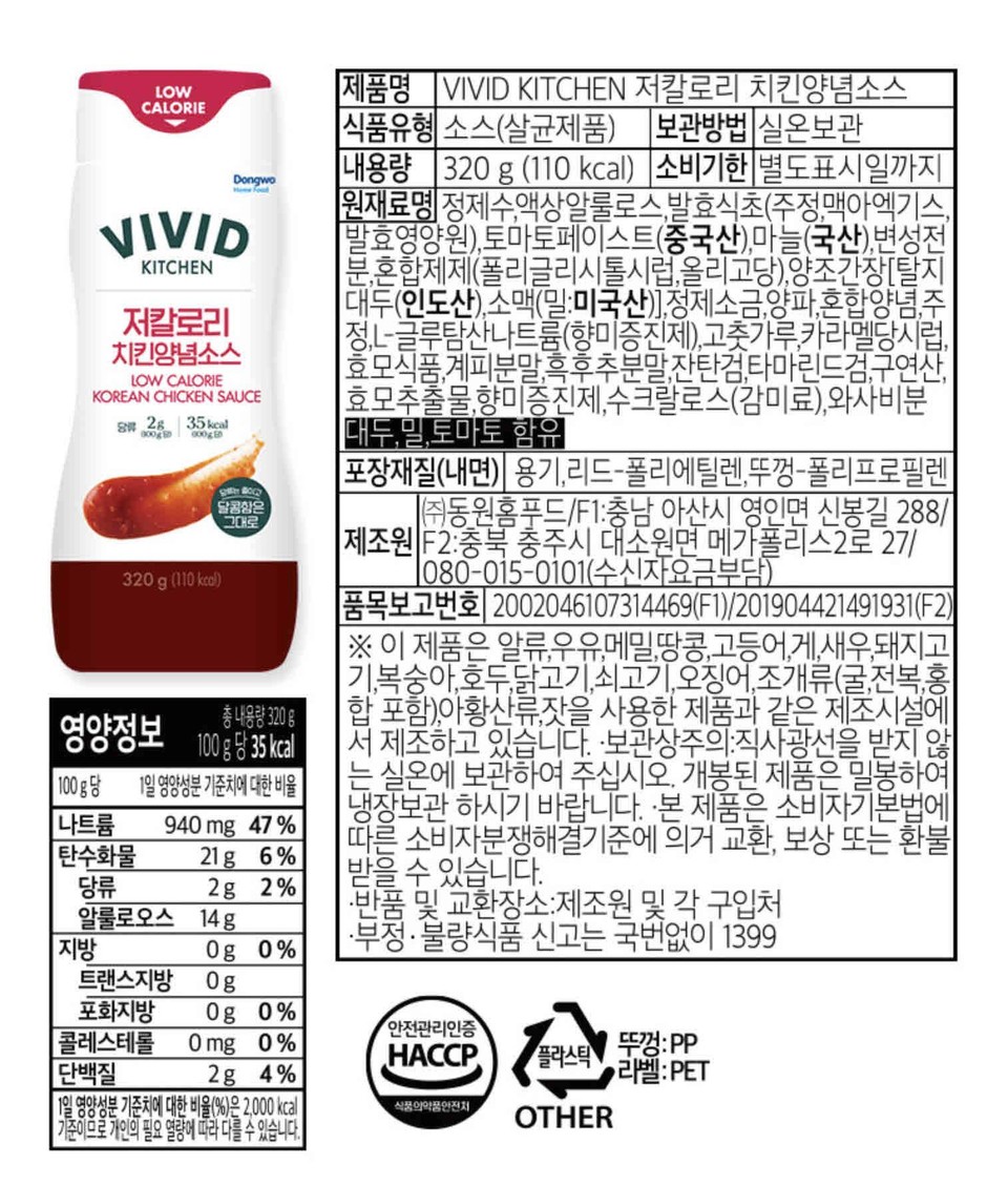 LOWCALORIEVIVIDKITCHEN저칼로리치킨양념소스LOW CALORIEDongwoKOREAN CHICKEN SAUCE당류 2gB00g D35kcal000gED320g(110kcal)영양정보달콤함은그대로총 내용량 320g100g당 35kcal100g당 1일 영양성분 기준치에 대한 비율나트륨탄수화물당류940 mg 47%21g 6%제품명 VIVID KITCHEN 저칼로리 치킨양념소스식품유형 소스(살균제품) 보관방법 실온보관내용량 320g (110 kcal) 소비기한 별도표시일까지원재료명 정제수,액상알룰로스,발효식초(주정,맥아엑기스,[발효영양원), 토마토페이스트(중국산),마늘(국산),변성전분,혼합제제(폴리글리시톨시럽,올리고당),양조간장[탈지대두(인도산),소맥(밀:미국산)],정제소금,양파,혼합양념,주정,L-글루탐산나트륨(향미증진제),고춧가루,카라멜당시럽,효모식품,계피분말,흑후추분말,잔탄검,타마린드검,구연산,효모추출물,향미증진제,수크랄로스(감미료),와사비분대두,밀,토마토 함유포장재질(내면) 용기,리드-폴리에틸렌,뚜껑-폴리프로필렌(주)동원홈푸드/F1:충남 아산시 영인면 신봉길 288/제조원 F2:충북 충주시 대소원면 메가폴리스2로 2기1080-015-0101(수신자요금부담)품목보고번호 2002046107314469(F1)/201904421491931(F2)※ 이 제품은 알류,우유,메밀,땅콩,고등어,게,새우,돼지고기,복숭아,호두,닭고기,쇠고기,오징어,조개류(굴,전복,홍합 포함),아황산류,잣을 사용한 제품과 같은 제조시설에서 제조하고 있습니다. 보관상주의 직사광선을 받지 않는 실온에 보관하여 주십시오. 개봉된 제품은 밀봉하여냉장보관 하시기 바랍니다. 본 제품은 소비자기본법에따른 소비자분쟁해결기준에 의거 교환, 보상 또는 환불받을 수 있습니다.·반품 및 교환장소제조원 및 각 구입처·부정·불량식품 신고는 국번없이 13992g 2%알룰로오스 14g지방0g 0%트랜스지방 0g포화지방 0g 0%콜레스테롤 0mg 0%단백질2g 4%'안전관리인증HACCP플라스틱뚜껑:PP라벨: PET11일 영양성분 기준치에 대한 비율(%)은 2,000kcal기준이므로 개인의 필요 열량에 따라 다를 수 있습니다.식품의약품안전처OTHER