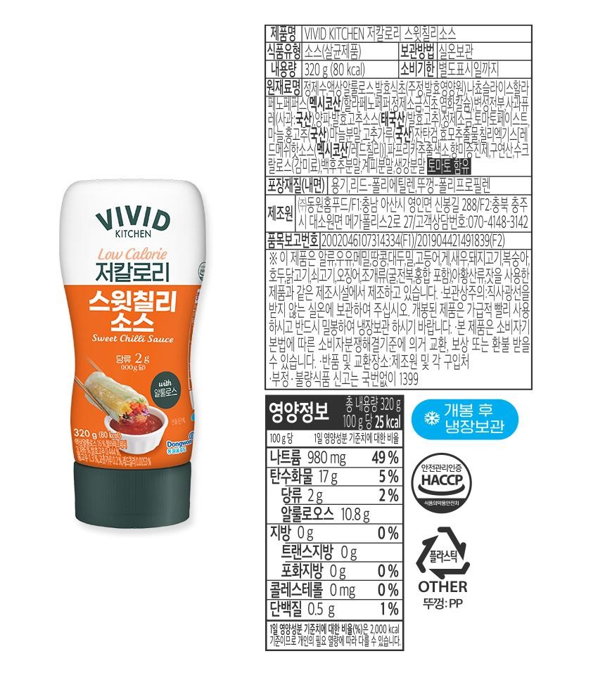 VIVIDKITCHENLow Calorie저칼로리스윗칠리소스Sweet Chilli Sauce당류 2g(100g당)알룰로스320g (80 kcal)•콩고루 13%,고춧가루 0.2%,레드칠리10053%withDongwon[제품명 VIVID KITCHEN 저칼로리 스윗칠리소스식품유형 소스(살균제품)내용량 320g (80 kcal)보관방법 실온보관소비기한 별도표시일까지원재료명 정제수,액상알룰로스,발효식초(주정,발효영양원).나쵸슬라이스할라페노페퍼스 (멕시코산/할라페노퍼퍼정제소금식초 염화칼슘)변성전분,ㅅ비(사과:국산),양파발효고추소스(태국산/발효고추 정제소금 토마토페이스트마늘 홍고추(국산) 마늘분말 고춧가루 국산 잔탄검 호모추출물칠리엑기스[레드메쉬핫소스(멕시코산/레드칠리)] 파프리카추출색소,향미증진제,구연산,수크랄로스(감미료)백후추분말,계피분말 생강분말 토마토 함유포장재질(내면) | 용기, 리드-폴리에틸렌,뚜껑-폴리프로필렌[(주)동원홈푸드/F1:충남 아산시 영인면 신봉길 288/F2:충북 충주제조원 |시 대소원면 메가폴리스2로 27/고객상담번호:070-4148-3142[품목보고번호 2002046107314334(F1)/201904421491839(F2)※ 이 제품은 알류,우유,메밀,땅콩,대두,밀,고등어,게,새우,돼지고기,복숭아호두,닭고기,쇠고기, 오징어, 조개류(굴,전복,홍합 포함),아황산류잣을 사용한제품과 같은 제조시설에서 제조하고 있습니다. 보관상주의 직사광선을받지 않는 실온에 보관하여 주십시오. 개봉된 제품은 가급적 빨리 사용하시고 반드시 밀봉하여 냉장보관 하시기 바랍니다. 본 제품은 소비자기|본법에 따른 소비자분쟁해결기준에 의거 교환, 보상 또는 환불 받을[수 있습니다. ·반품 및 교환장소: 제조원 및 각 구입처·부정·불량식품 신고는 국번없이 1399영총 내용량 320g양정보100g당 25kcal |100g당 1일 영양성분 기준치에 대한 비율•개봉 후냉장보관안전관리인증나트륨 980 mg49%탄수화물 17g5%HACCP,당류 2g2%식품의약품안전처알룰로오스 10.8g지방 0g0%트랜스지방 0g플라스틱포화지방 0g0%콜레스테롤 0mg0%OTHER단백질 0.5 g1%뚜껑: PP11일 영양성분 기준치에 대한 비율(%)은 2,000 kcal기준이므로 개인의 필요 열량에 따라 다를 수 있습니다.