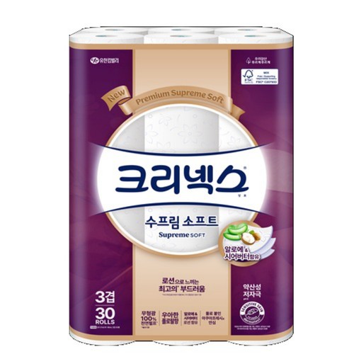 [2팩사면 1팩당 19,700원] 크리넥스 수프림소프트 3겹 화장지 (27M*30롤)
