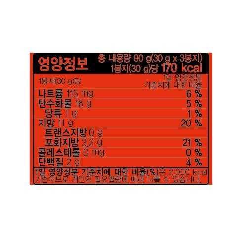 Nutrition Information Per 1 Bag (30g) Total Contents 90g (30g x 3 bags) Per 1 Bag (30g) 170 kcal Percentage of Daily Value Sodium 115 mg 6% Carbohydrate 16g Sugars 1g Fat 11g Trans Fat 0g Saturated Fat 3.2g 5% 1% 20% 21% Cholesterol 0mg 0% Protein 2g 4% The percentage of the daily value (%) is based on a 2,000 kcal diet, so it may vary depending on individual caloric needs.