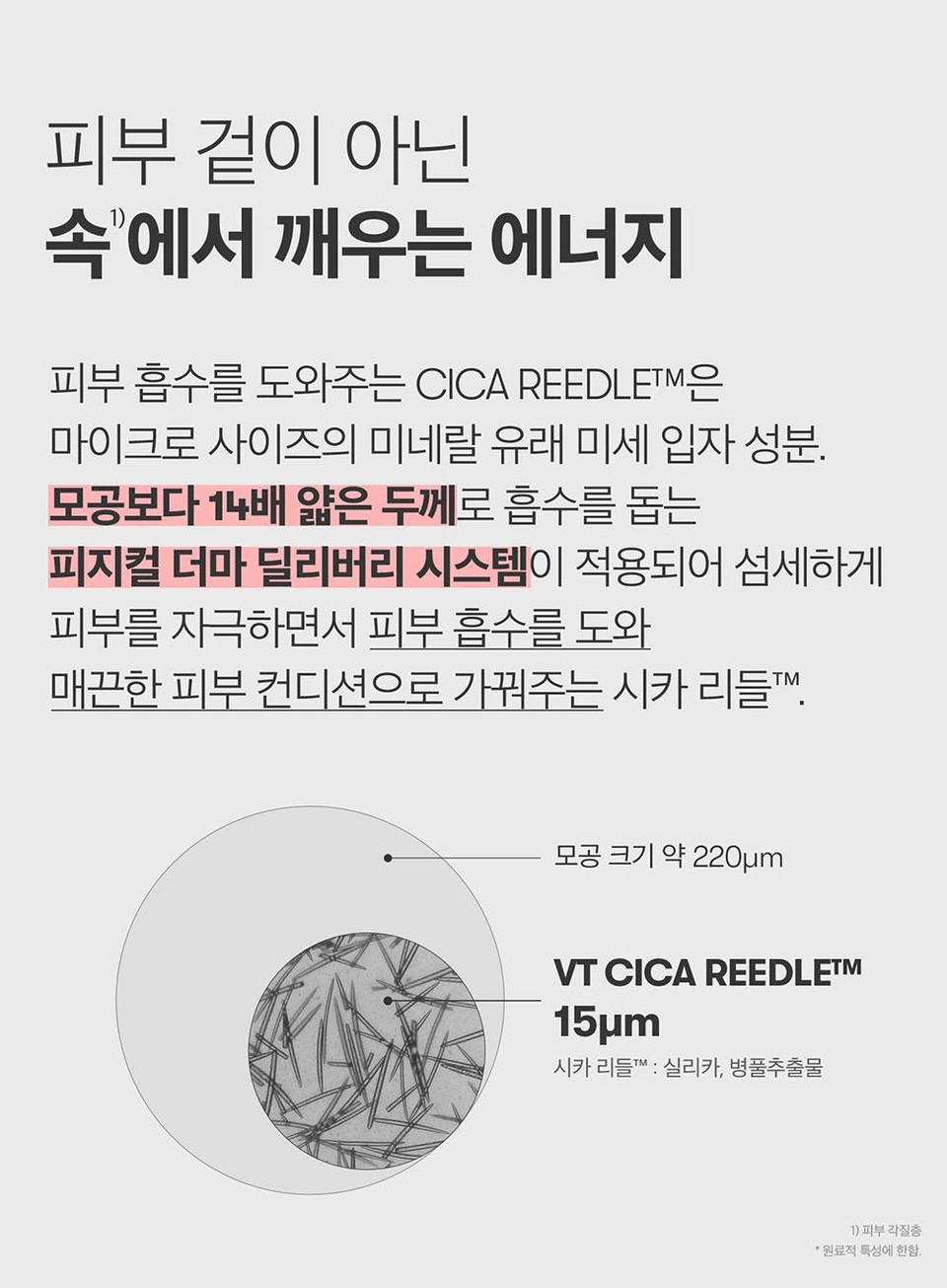 Energy that awakens the skin from within, not from the outside CICA REEDLETM, which helps the skin absorb, is a micro-sized mineral-derived fine particle ingredient. Cica Reedle™, which helps the skin absorb with a thickness 14 times thinner than pores, is applied with a physical derma delivery system to delicately stimulate the skin and help it absorb, creating a smooth skin condition. Pore size approx. 220um VT CICA REEDLE™ M15pm Cica Reedle™: Silica, Centella asiatica extract 1) Skin stratum corneum ●Limited to the characteristics of raw materials.