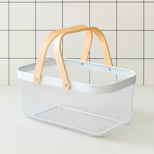 오늘좋은 우드 핸들 메탈 바스켓 (직사각, 화이트) (40*24.5*17.5CM)