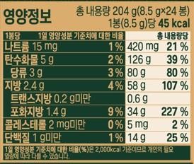 Nutrition Information Total Net Weight 204g (8.5g x 24 packs) Percentage of Daily Value per Pack Percentage of Daily Value per Total Net Weight Sodium 15 mg 1% 420 mg 21% Carbohydrate 5g 2% 126 g 39% Sugars 3g 3% 80 g 80% Fat 2.4g 4% 58 g 107% Trans Fat Less than 0.2 g 0.6g Saturated Fat 1.4g 9% 34 g 227% Cholesterol Less than 2 mg 0% 5 mg 2% Protein Less than 1g 1% 149 25% The percentage of the Daily Value (%) is based on a 2,000 kcal diet, so it may vary depending on individual caloric needs.