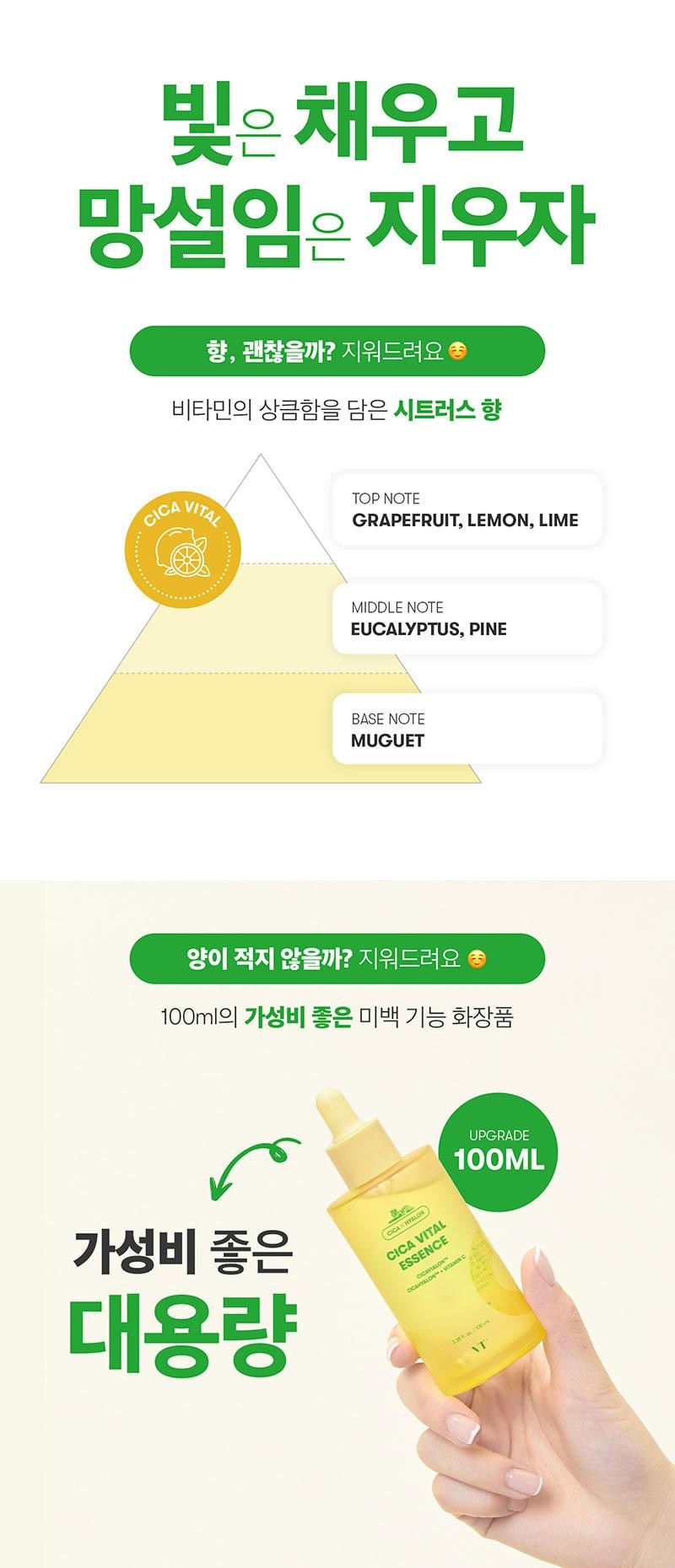 빛은 채우고망설임은 지우자CICA향, 괜찮을까? 지워드려요비타민의 상큼함을 담은 시트러스 향VITALTOP NOTEGRAPEFRUIT, LEMON, LIMEMIDDLE NOTEEUCALYPTUS, PINEBASE NOTEMUGUET양이 적지 않을까? 지워드려요100ml의 가성비 좋은 미백 기능 화장품가성비 좋은대용량CICA HYALONCICA VITALESSENCEAVALONCICAVALONCICANYALON VITAMIN CUPGRADE100MLNT