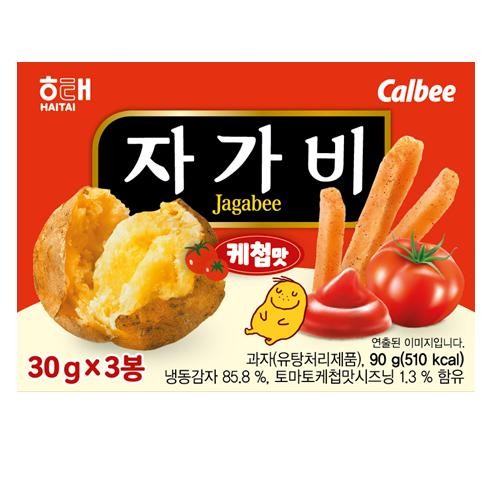 HAITAI Jagabee Ketchup Flavor Calbee. This is a staged image. Snack (deep-fried product), 90g (510kcal), 30g x 3 packs. Contains 85.8% frozen potatoes and 1.3% tomato ketchup flavor seasoning.