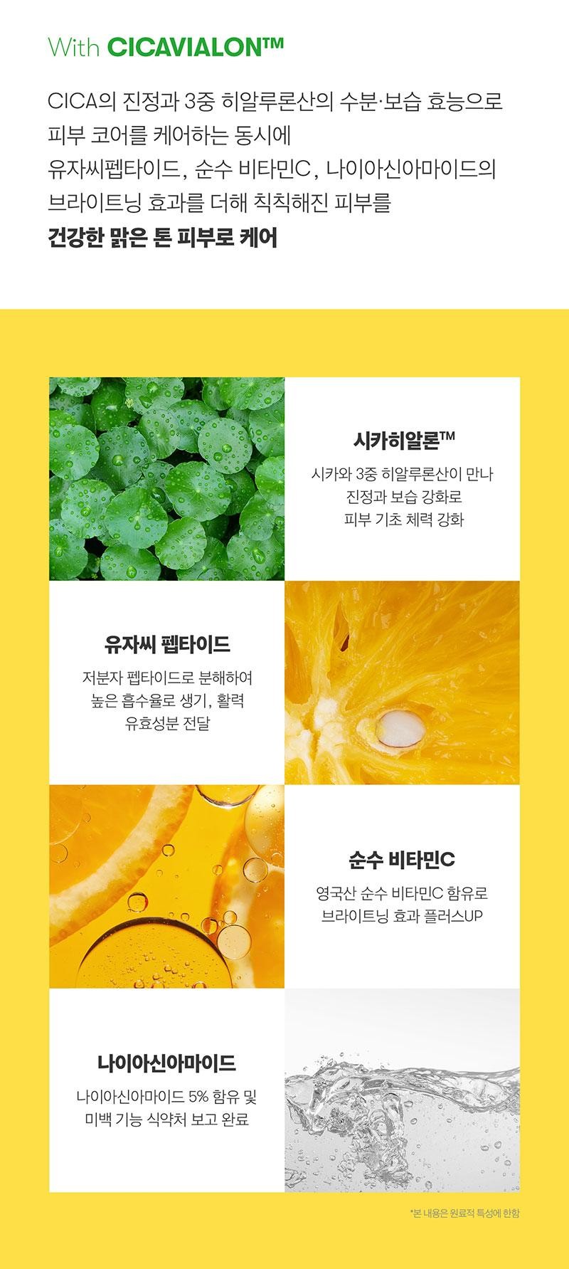 With CICAVIALON™MCICA's soothing and triple hyaluronic acid's moisturizing effects, it cares for the skin core while adding the brightening effects of yuzu seed peptide, pure vitamin C, and niacinamide to care for dull skin into healthy, clear-toned skin. Yuzu seed peptide is broken down into low-molecular peptides to deliver vitality and energy-boosting active ingredients with high absorption rate. Niacinamide Contains 5% niacinamide and whitening function completed reporting to the Ministry of Food and Drug Safety. CICAHyalon™Cica and triple hyaluronic acid meet to strengthen the skin's basic strength with soothing and moisturizing effects. Pure vitamin C Contains pure vitamin C from the UK to add brightening effects. *This content is limited to the characteristics of raw materials.