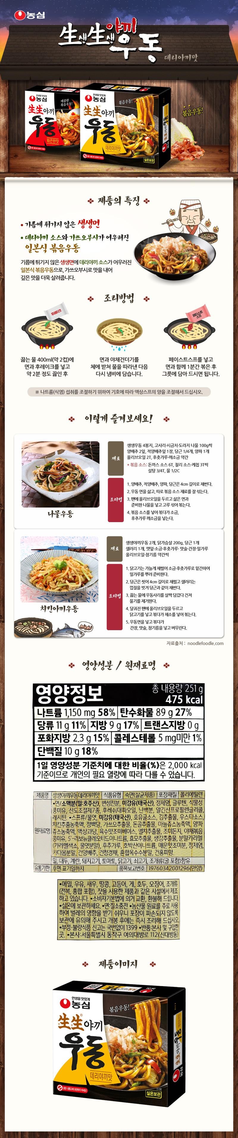 Nongshim Aki Saengsaeng Udon, make your life delicious! Nongshim Spicy Stir-fried Udon! Stir-fried Udon! 1. Fresh Yakki Udon (Spicy Flavor) Fresh Yakki! Udon Do not store in the open air •Teriyaki Flavor• ※ Product Features ・Fresh noodles that are not fried in oil ・Japanese-style stir-fried udon combining teriyaki sauce and bonito flakes Japanese-style stir-fried udon featuring fresh noodles that are not fried in oil combined with teriyaki sauce; the bonito flakes add flavor to further enhance the deep taste. Voucher Flakes Cooking Method Add the noodles and flakes to 400ml (approx. 2 cups) of boiling water and cook for about 2 minutes. Then, drain the water by straining the noodles and vegetable toppings through a sieve, and return them to the pot. Store at room temperature Teriyaki Flavor Stir-fry Paste Add the paste soup and stir-fry with the noodles for 1 minute. Then transfer to a bowl and enjoy. ※ To control sodium (salt) intake, please adjust the amount of liquid soup according to your preference. ※ Enjoy it this way! Vegetable Udon Ingredients: Fresh Udon 4 packets, 100g each of bracken, spinach, and balloon flower root greens 2 cabbage leaves, 1 red cabbage leaf, 1/4 carrot, 1 onion 2T olive oil, a pinch of black pepper and sesame salt Stir-fry sauce: 6T tonkatsu sauce, 3T each of chili sauce and ketchup, 3/4T sugar, 1/2C water 1. Julienne the cabbage, red cabbage, onion, and carrot into 4cm lengths. 2. Cook the udon noodles, and separately mix the stir-fry sauce ingredients well. 3. Coat a pan with olive oil, add the cooked noodles and prepared greens, mix well, and stir-fry. 4. Add the stir-fry sauce and stir-fry, then add salt, pepper, and sesame salt. Chicken Yakki Udon Ingredients: 2 packs of fresh yakki udon, 200g chicken breast, 1 carrot, 1 celery stalk, a little perilla leaves, salt, pepper, cooking wine, soy sauce, flour, olive oil, and sesame oil. 1. Thinly julienne the chicken, season with salt and pepper, and sprinkle with flour. 2. Wash the carrot and julienne it into 4cm lengths. Peel the celery and julienne it along with the carrot. Cooking Method: 3. Briefly blanch the udon noodles in boiling water, drain, and remove excess water. 4. Heat olive oil in a pan, add the chicken and stir-fry, then add the vegetables and stir-fry. 5. Add the udon noodles and stir-fry, then add soy sauce, mirin, and sesame oil and mix. Source: noodlefoodle.com ※ Nutritional Information / Ingredients Nutritional Information Total Net Weight 251g 475 kcal Sodium 1,150mg 58% Carbohydrates 89g 27% Sugars 11g 11% Fat 9g 17% Trans Fat 0g Saturated Fat 2.3g 15% | Cholesterol less than 5 mg 1% Protein 10g 18% The percentage (%) of the daily nutritional value is based on a 2,000 kcal diet, so it may vary depending on individual caloric needs. Product Name [Saengsaeng Yakki Udon Teriyaki Flavor] Food Type Deep-fried Noodles (Sterilized Product) Packaging Material Polyethylene • Noodles/Wheat Flour (Wheat: Australian), Modified Starch, Rice Bran Oil (Thailand), Refined Salt, Gluten, Vegetable Flavoring Oil, 7 Types of Acidity Regulators, Fresh Green Onion Oil, Egg White Powder, Propylene Glycol Alginate, Lecithin. • Soups/Corn syrup, rice bran oil (from Thailand), oyster sauce, dried laver extract, Worcestershire sauce, chicken extract concentrate, refined sugar, bonito extract, pork bone extract, garlic juice concentrate, onion. Ingredients: Juice concentrate, liquid fructose, broth flavor seasoning base, anchovy extract, seasoned pork fat, stir-fried vegetable flavor oil, 5'-ribonucleotide disodium, yeast extract, ginger extract, powdered caramel (caramel color, corn syrup powder), black pepper powder, disodium succinate, spicy seasoning powder, refined salt, cardamom powder, dried cabbage, dried bok choy, mixed corn powder, dried red bell pepper. Contains wheat, soybeans, eggs, pork, tomatoes, chicken, beef, shellfish (including oysters). Expiration date: Until the date indicated on the back. Item Report Number 19760342001296 (Anyang) · Buckwheat, milk, shrimp, Manufactured in the same facility as products containing peanuts, mackerel, crab, walnuts, squid, shellfish (including abalone and mussels), and pine nuts. • Exchanges and refunds are provided in accordance with the Framework Act on Consumers. • Store at room temperature. • Noodles are nitrogen-filled. • As agricultural raw materials are primarily used, the product is susceptible to insect infestation; please take care during storage to prevent packaging damage, and cook and consume immediately after opening. • Report fraudulent or substandard food by calling 1399 (no area code required). • Returns: To the Head Office or the place of purchase. • Head Office: 112, Yeouidaebang-ro, Dongjak-gu, Seoul (Sindaebang-dong)* Product Image Make Life Delicious Nongshim Saengsaeng Yakki Udon Do not store in the refrigerator or freezer! Stir-fried Udon! Teriyaki Flavor Store at room temperature Saengsaeng Yakki Udon