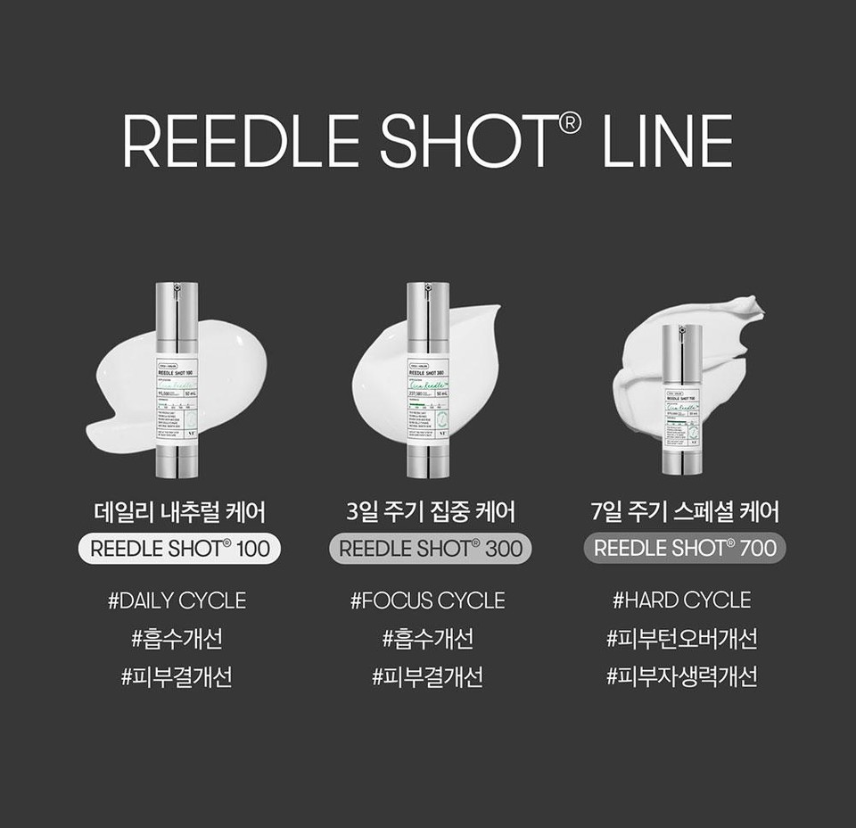 REEDLE SHOTⓇ LINEREEDLE SHOT 100데일리 내추럴케어REEDLE SHOT® 100#DAILY CYCLE#흡수개선REEDLE SHOT 300Cina Reedle3일 주기 집중 케어REEDLE SHOT® 300#FOCUS CYCLE7일 주기 스페셜 케어REEDLE SHOT® 700#HARD CYCLE#흡수개선#피부턴오버개선#피부결개선#피부결개선#피부자생력개선