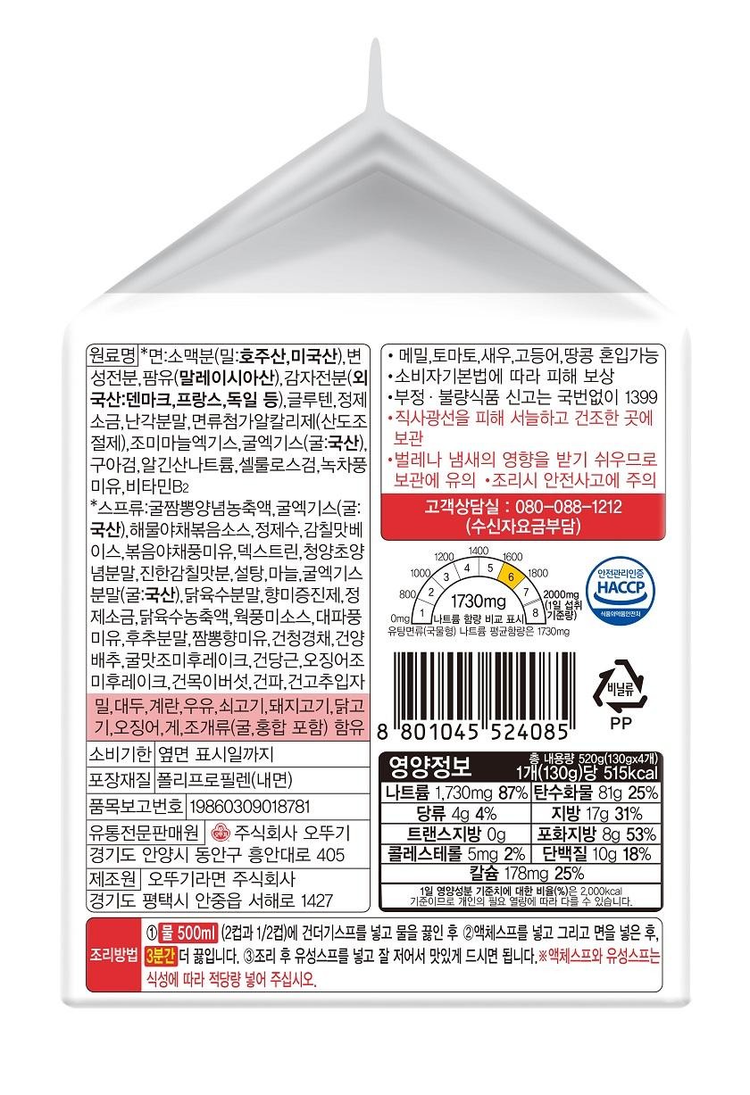 Ingredients *Noodles: Wheat flour (Wheat: Australian, American), Starch, Palm oil (Malaysian), Potato starch (Foreign: Compensated for damages under the Consumer Protection Act; Domestic: Denmark, France, Germany, etc.), Gluten, Refined • Report fraudulent or substandard food by calling 1399 without an area code Salt, Eggshell powder, Noodle additive Alkaline agent (Acidity control) • Store in a cool, dry place away from direct sunlight, Seasoning Garlic extract, Oyster extract (Oyster: Domestic), Storage Guar gum, Sodium alginate, Cellulose gum, Green tea • Be careful with storage as it is susceptible to insects or odors, Milk oil, Vitamin B2 • Be careful of safety accidents during cooking Customer Service: 080-088-1212 (Collect charges)*Soup Ingredients: Oyster Jjamppong Seasoning Concentrate, Oyster Extract (Oyster: Domestic), Seafood and Vegetable Stir-fry Sauce, Purified Water, Umami Base, Stir-fry Vegetable Flavor Oil, Dextrin, Cheongyang Chili Pepper 1200 1400 1600 1000 4 53 1800 80000 mg Seasoning Powder, Rich Umami Powder, Sugar, Garlic, Oyster Extract Powder (Oyster: Domestic), Chicken Broth Powder, Flavor Enhancer, Refined Salt, Chicken Broth Concentrate, Wok Flavor Sauce, Green Onion Flavor Oil, Pepper Powder, Jjamppong Flavor Oil, Dried Bok Choy, Dried Yanggae (Chinese Napa Cabbage), Oyster Flavor Seasoning Flakes, Dried Carrot, Squid Seasoning Flakes, Dried Wood Ear Mushroom, Dried Green Onion, Dried Chili Pepper Granules, Soybean, Egg, Milk, Beef, Pork, Contains chicken, squid, crab, and shellfish (including oysters and mussels). Expiration Date: Until the date indicated on the side. Packaging Material: Polypropylene (Inner) Item Report Number: 1986030901878117 Sodium Content Comparison Label: Average sodium content of fried noodles (soup type) is 1,730mg (11 daily intake). Safety Management Certification: HACCP Vinyl Material: PP Total Net Weight: 20g (130g x 4 packs) Nutritional Information Per 1 Pack (130g): 515kcal | Sodium 1,730mg 87% | Carbohydrate 81g 25% | Sugars 4g 4% | Fat 17g 31% Distributor: Ottogi Co., Ltd. | 405, Heungan-daero, Dong-an-gu, Anyang-si, Gyeonggi-do Manufacturer: Ottogi Ramen Co., Ltd. Trans Fat: 0g | Cholesterol: 5mg 2% Saturated Fat 8g 53% Protein 10g 18% [142 Seohae-ro, Anjung-eup, Pyeongtaek-si, Gyeonggi-do Calcium 178mg 25% The percentage (%) of the daily nutritional reference intake is based on a 2,000kcal diet, so it may vary depending on individual caloric needs. ① Add the dried vegetable packet to 500ml (2 and 1/2 cups) of water and bring the water to a boil. ② Add the liquid soup packet, then add the noodles, and boil for another 3 minutes. ③ After cooking, add the oil packet, stir well, and enjoy. ※ Please add an appropriate amount of liquid soup and oil packet according to your taste.
